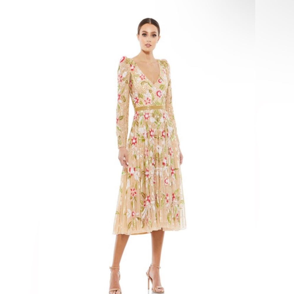 Mac Duggal 5415 Floral Beadwork Long Sleeve Dress size 2